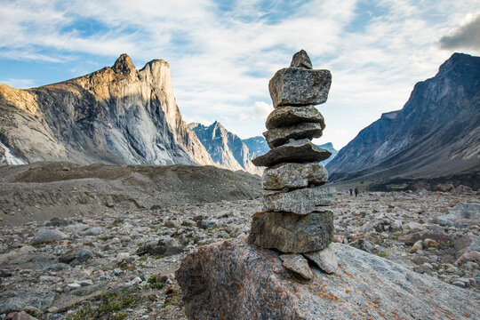Rock cairn and mountain summit, Baffin Island.