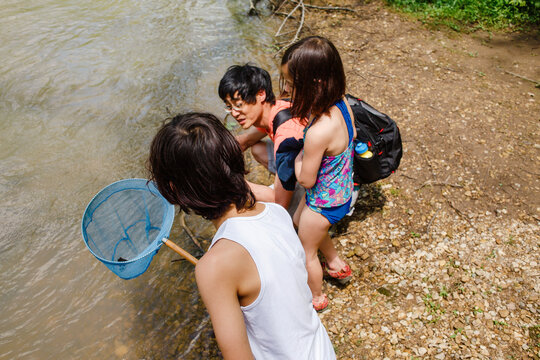 A father and two children stand by edge of creek with net exploring