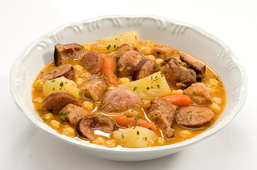 Puchero, grão de bico, linguiça e costelinha de porco, delicioso ensopado típica comida espanhola, em fundo branco para recorte.