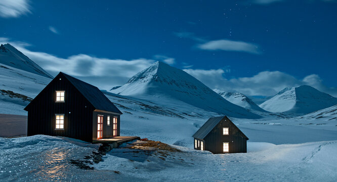 night sky over remote ski cottage in Iceland on a clear night