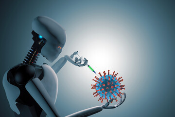 3D illustration Artificial Intelligence use in research and development scientific experiments can be the safest way to fight against Covid like infectious diseases to protect human kind.