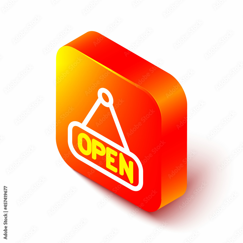 Poster Isometric line Hanging sign with text Open door icon isolated on white background. Orange square button. Vector