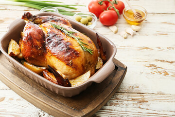 Baking dish with tasty chicken on light wooden background