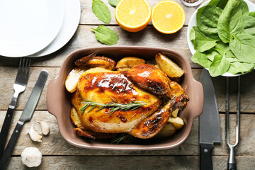 Baking dish with tasty chicken, potato and lemon on wooden background