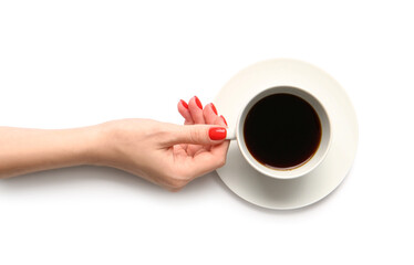 Woman with beautiful manicure holding cup of coffee on white background
