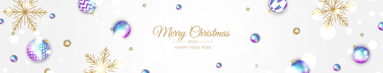 Merry Christmas and Happy New Year. Xmas background with Snowflakes and balls design.