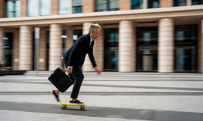 A gray-haired manager rides a skateboard in a hurry to a meeting. A male economist rides a board to work with a briefcase. A banker in a business suit. © muse studio