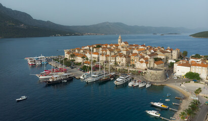 Aerial drone view of Korcula historical old town, Dalmatia, Croatia.