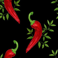 watercolor pattern red chili peppers isolated on black background, seamless texture, used for wrapping paper, prints for kitchen items