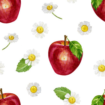 watercolor pattern red apples and chamomile flowers isolated on white background, seamless texture, used for wrapping paper, prints for kitchen items, background for packaging