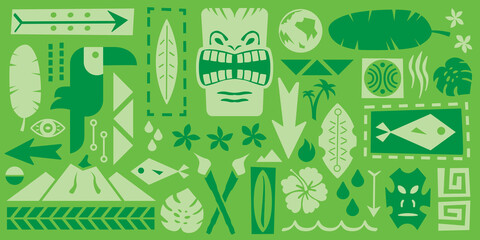 Tropical Tiki Graphics | Hawaiian Luau Icons | Tropic Island Vibes | South Pacific Symbols | Vector Tiki Torches, Masks, Volcanos, Toucans, Monstera Leaves, Palm Trees and More - obrazy, fototapety, plakaty