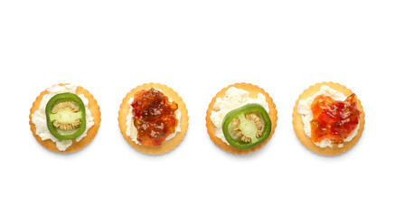 Delicious crackers with cottage cheese and jalapeno pepper jam on white background