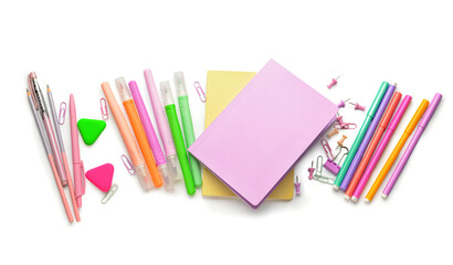 Different stationery supplies on white background