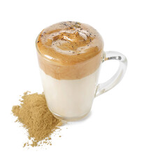 Glass cup of tasty dalgona hojicha latte and powder on white background