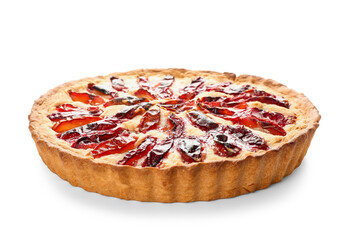 Tasty plum pie on white background