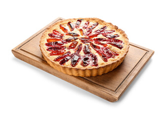 Board with tasty plum pie on white background