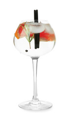 Glass of cold gin tonic with grapefruit slices on white background