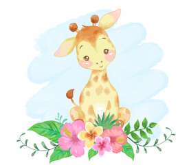 Baby giraffe with tropical flowers vector illustration. watercolor painting.