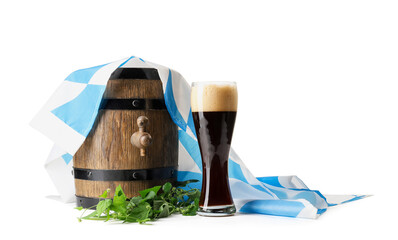 Wooden barrel and glass of fresh beer with hop branch on white background. Oktoberfest celebration