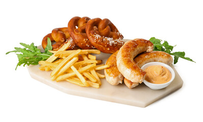 Board with tasty Bavarian sausages, french fries and pretzels on white background. Oktoberfest celebration