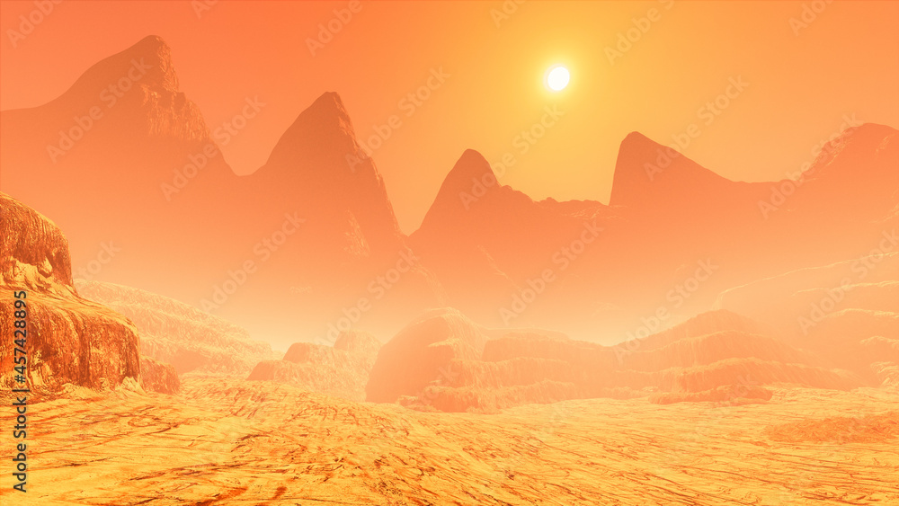Poster 3d rendering of a mars like desert landscape with a sand storm, mountains and orange sky.
