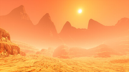 3D rendering of a Mars like desert landscape with a sand storm, mountains and orange sky.