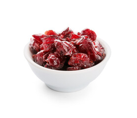 Bowl with tasty dried cranberries on white background