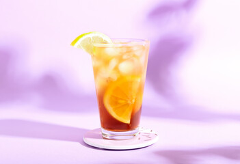 Glass of tasty Long Island iced tea on color background