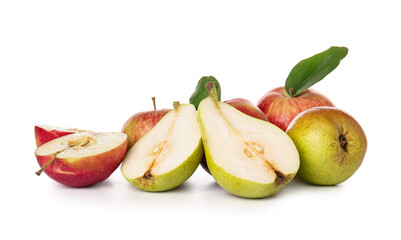 Ripe pears and apples on white background