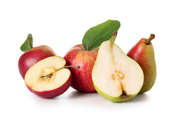 Ripe pears and apples on white background