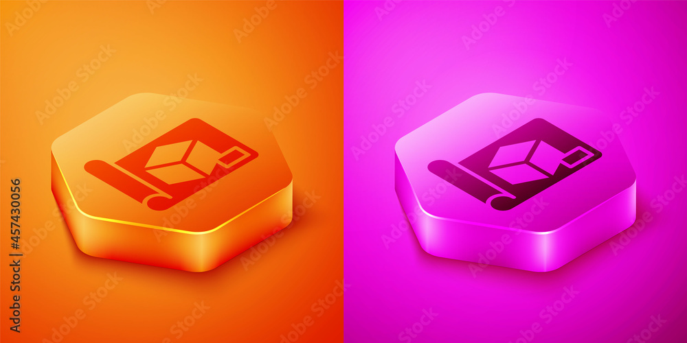 Poster isometric graphing paper for engineering icon isolated on orange and pink background. hexagon button