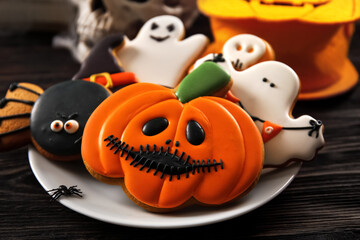 Plate with tasty cookies for Halloween celebration on table