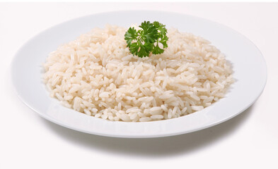 Arroz branco no prato em fundo branco para recorte.