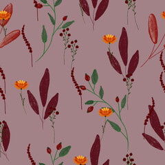 Seamless pattern with flowers and leaves. The composition for the design of the fabric. An illustration for a holiday, a party and invitations. Decoration for the interior. Autumn drawing.