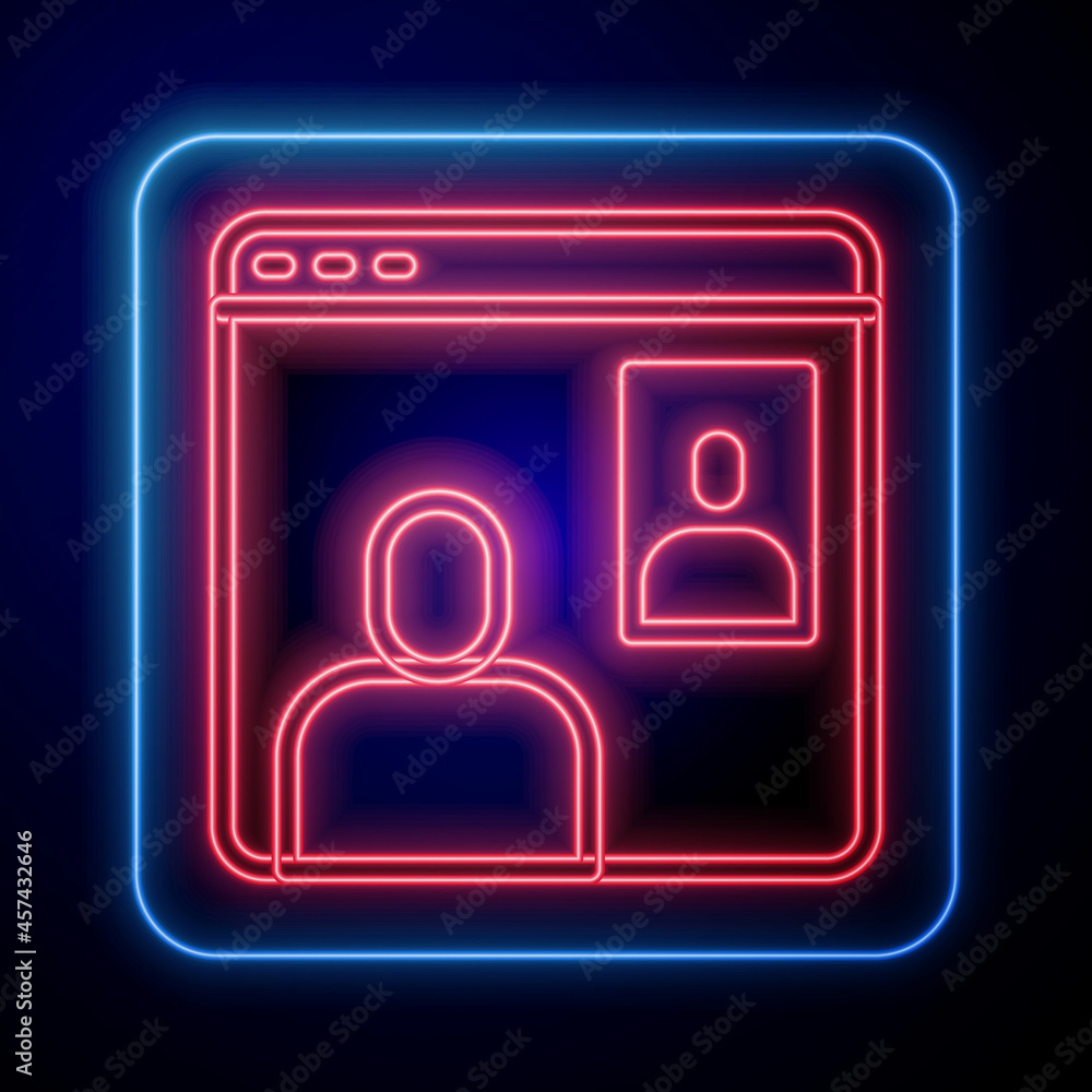 Poster glowing neon video chat conference icon isolated on black background. computer with video chat inter