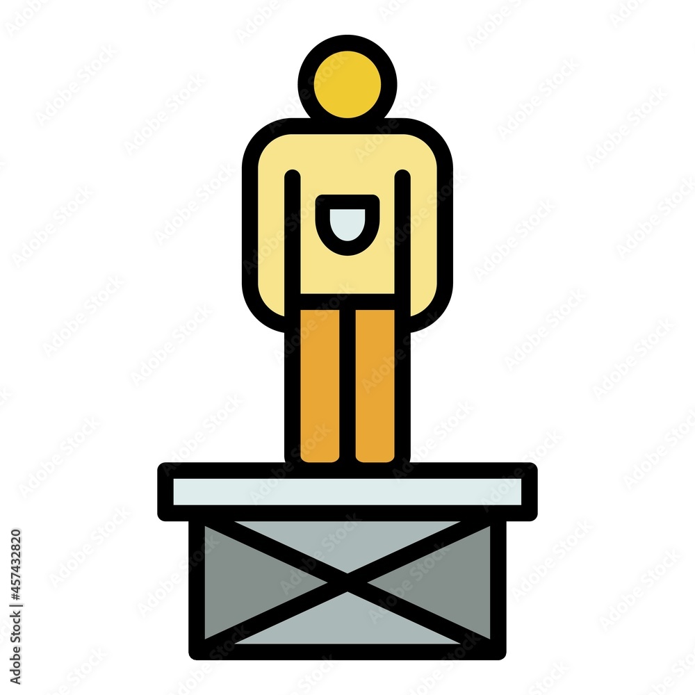Poster man on scissors platform icon. outline illustration of man on scissors platform vector icon color fl