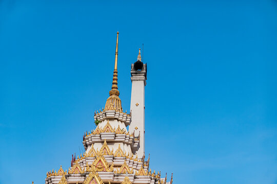 Low Angle View Of Thai Crementorium Building Against Clear Blue Sky