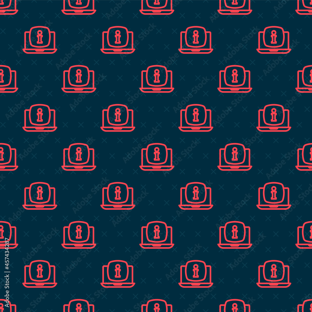 Poster red line laptop with information icon isolated seamless pattern on black background. vector