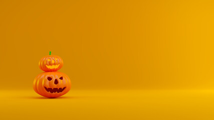 3D render of two halloween pumpkins for holiday on orange background.