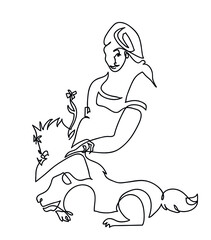 One line drawing of young female with her dog sitting on grass in park.
One continuous line drawing of pets love and friendship concept.
