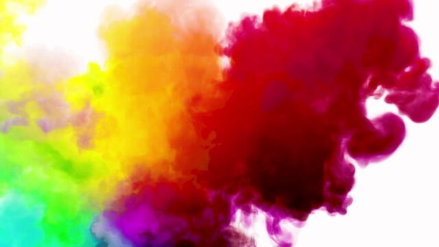 Cg animation of colorful smoke explosion on white background.  Has alpha matte.