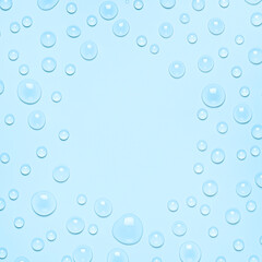 Frame of Water drops on a pastel blue background. Water texture close up. Backdrop glass covered with drops of water. Water bubbles.