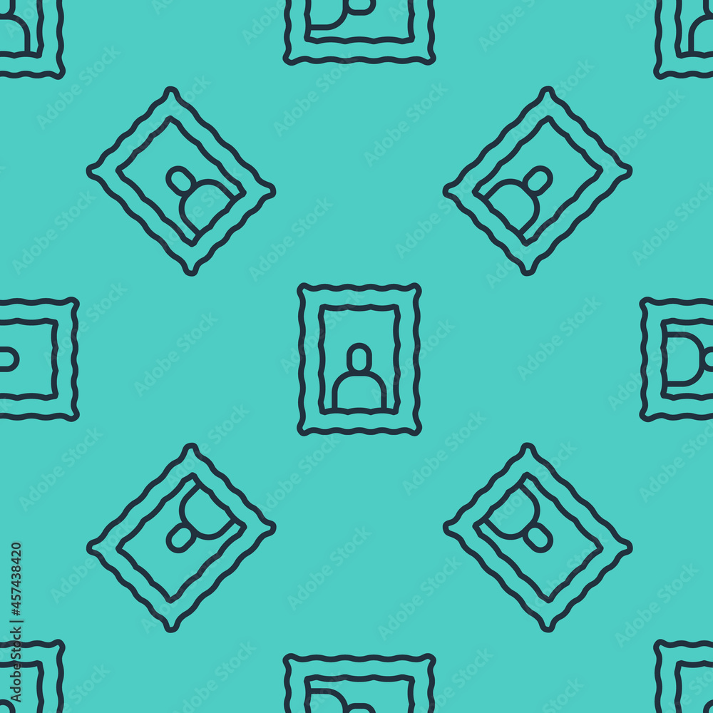 Poster black line picture frame on table icon isolated seamless pattern on green background. valentines day