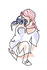 One line drawing of  mother cuddling with her cute little daughter.
One continuous line drawing of childhood, parenting, leisure concept.
