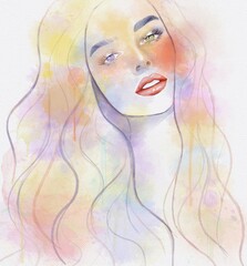 Abstract girl with long hair, splashes and blotches on textured background. Watercolor illustration for designers, book publishers, for printing on t-shirts, fabric, phone covers, posters, postcards.