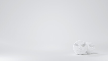 round white skull head decorated on white background corner, Halloween backdrop, 3d illustration
