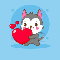 Cartoon illustration of cute husky character with love
