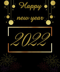 Happy new year 2022 golden letters and numbers balls and stars golden lines