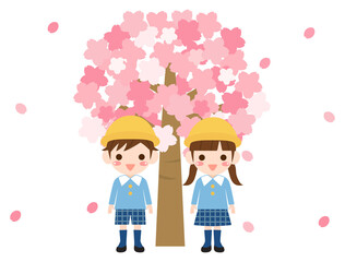 入園式や卒園式で使える桜の木の前に立つ子どものイラスト