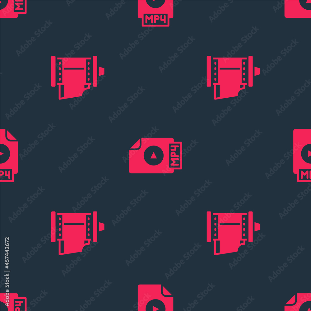 Poster set camera roll cartridge and mp4 file document on seamless pattern. vector
